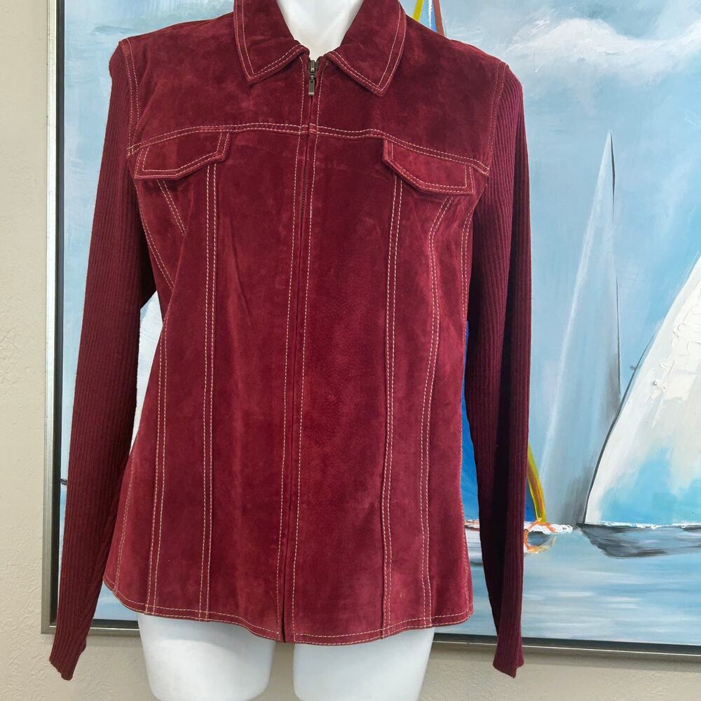Coldwater Creek Burgundy Red Leather Jacket Rib Knit Sleeve Mixed Media size 16 - Picture 2 of 7
